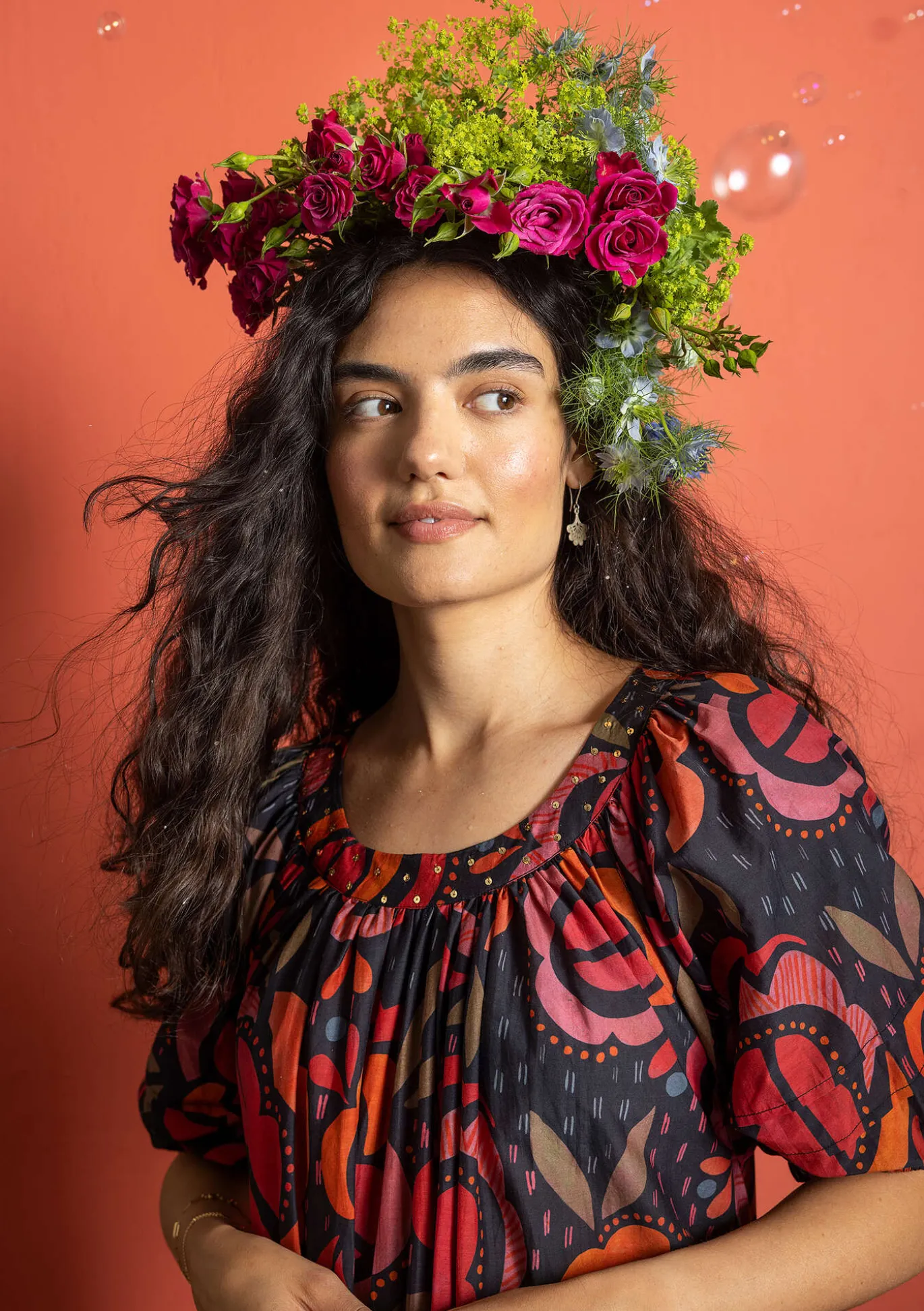 Vävd klänning "Great Rose" i ekologisk bomull/siden